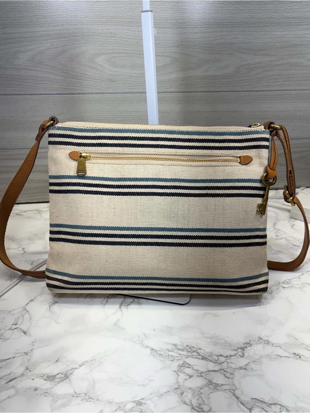 Fossil Beige Canvas Crossbody with Tan Leather Trim